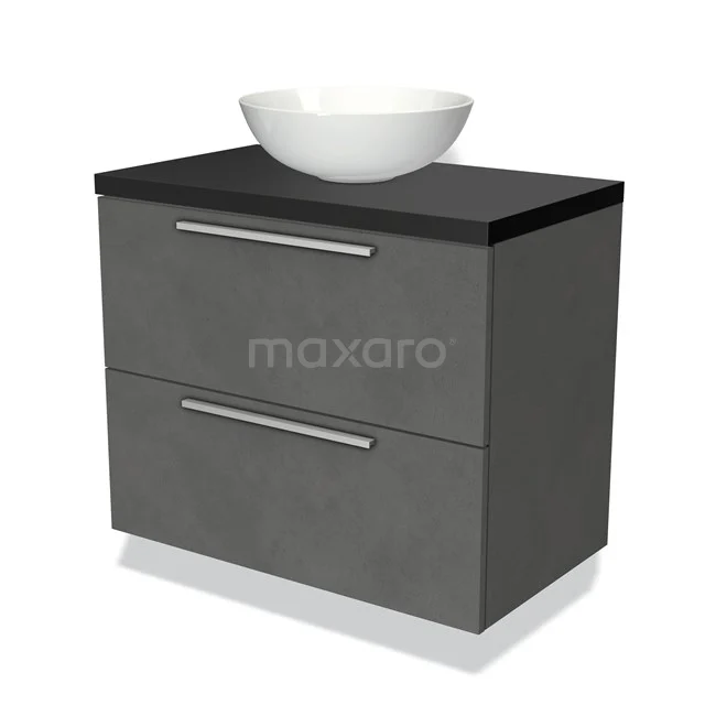 Grijze badkamermeubelset met komvormige wastafel, zwarte blad en chromen handgrepen, modern design.