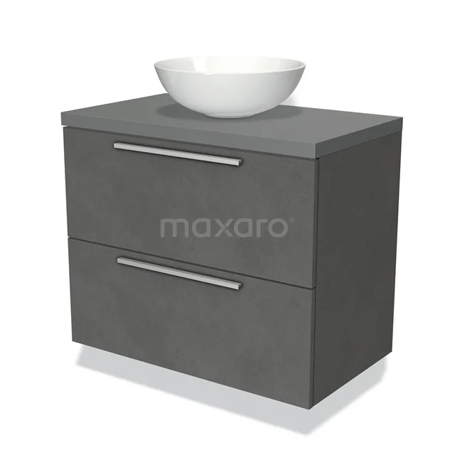 Grijze badkamermeubelset met mat oppervlak, twee lades en een ronde witte waskom; stijlvol en compact design.