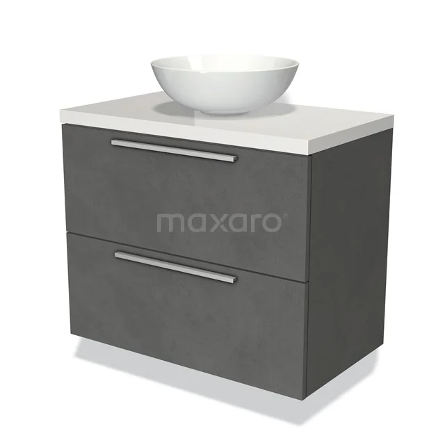 Grey bathroom cabinet with double drawers, white basin bowl and sleek aluminium handles, ideal for modern bathroom spaces.