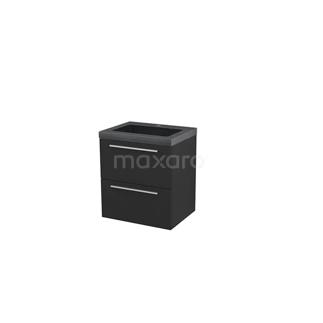 Black basin cabinet with two drawers, sleek design and metal handles, ideal for modern bathrooms.