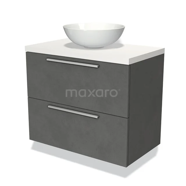 Grey bathroom furniture set with matte anthracite drawers, white basin and worktop, modern design.