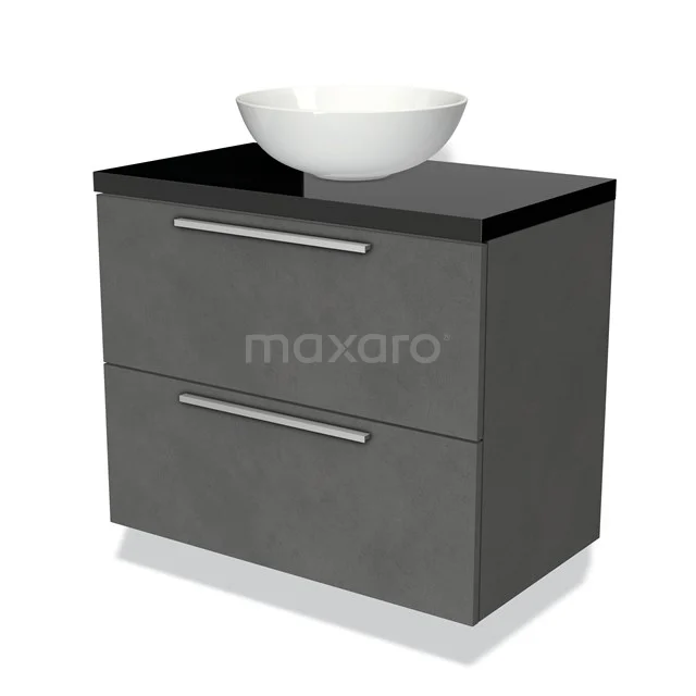 Grey bathroom unit with grey tiled top and white round countertop wash basin, two drawers with silver handles, modern design.
