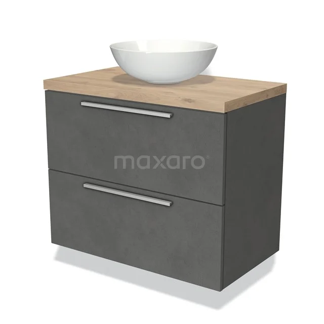 Grijze badkamermeubelset met houtlook blad, witte ovale waskom en twee lades, modern design voor stijlvolle badkamers.