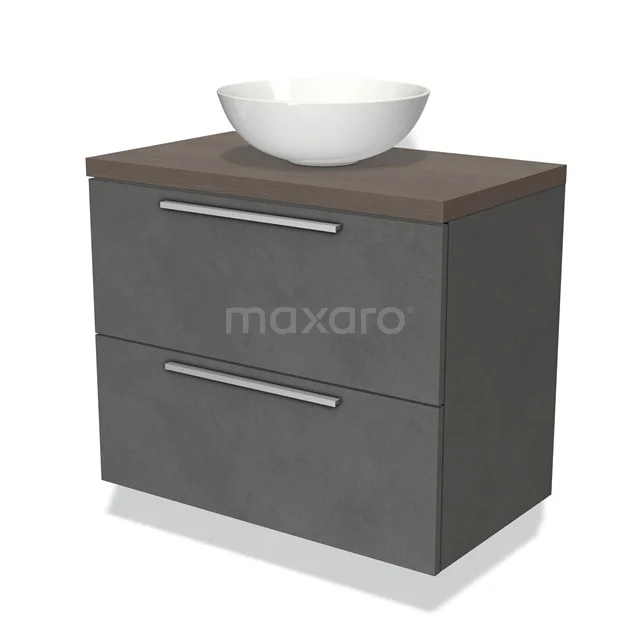 Grijze badkamermeubel met houtlook blad en witte waskom, modern design met twee lades en RVS-handgrepen.