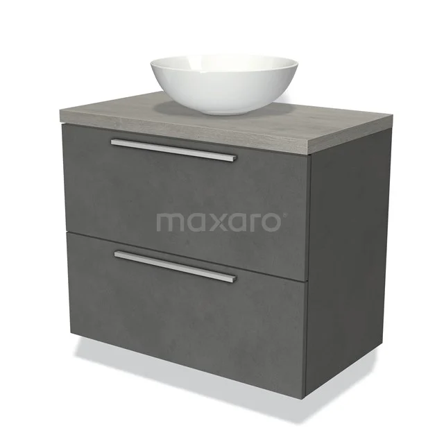 Grey bathroom furniture set with concrete look, two drawers and white ceramic countertop wash basin on top, modern design.