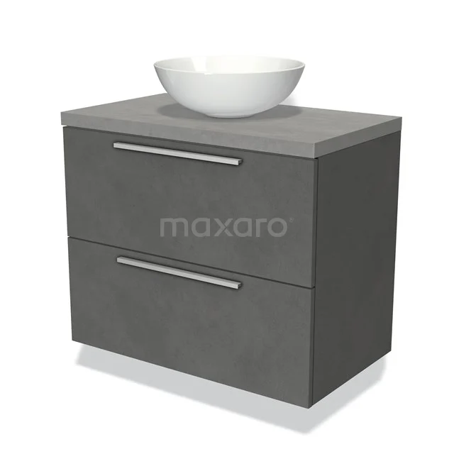 Grey bathroom furniture set with wood look, two drawers and a white ceramic countertop wash basin, ideal for a modern bathroom.