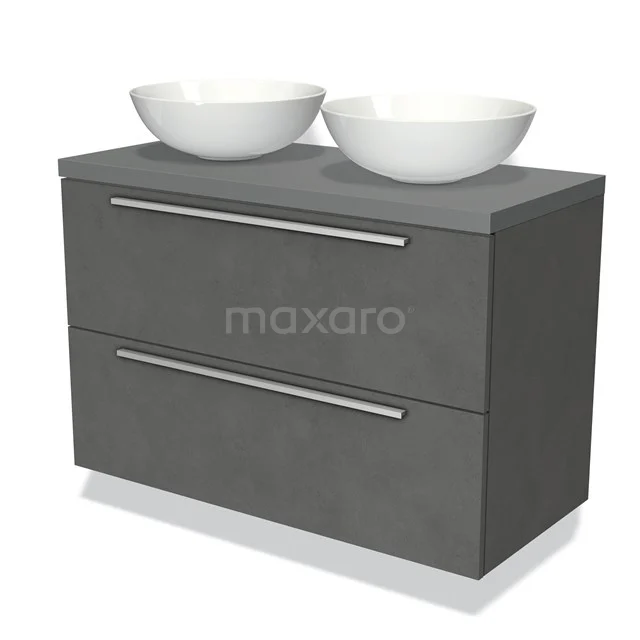 Graue Badmöbelset mit zwei Waschbecken, matte Betonoptik, modernes Erscheinungsbild und geräumigen Schubladen.