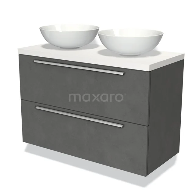 Graue Badmöbelset mit Doppelwaschbecken, modernes Design, zwei Schubladen und einer weißen Oberfläche aus hochwertigem Material.