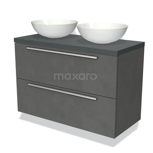 Graue Badmöbelset mit zwei weißen Aufsatzwaschbecken, Betonlook-Oberfläche und schlichten Schubladen mit Metallgriffen.