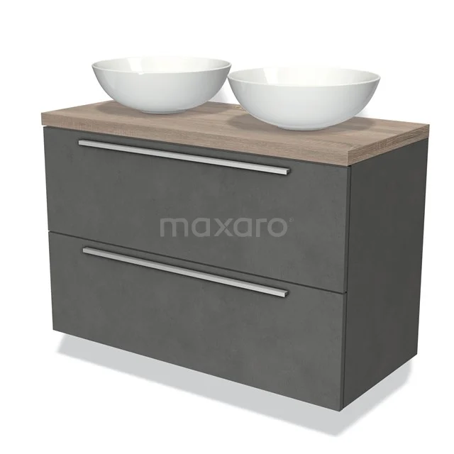 Grijs gemêleerd badkamermeubel met dubbele witte waskommen, houtlook blad en twee lades, modern design.