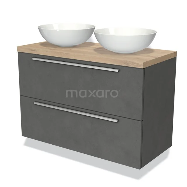 Grijze badkamermeubelset met betonlook, houten blad en twee witte waskommen; ideaal voor moderne badkamers.