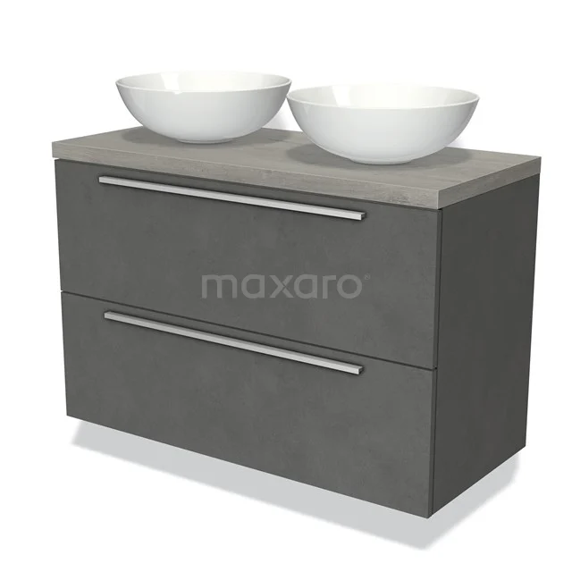 Grijze wastafelmeubel set met twee witte waskommen, modern design, geschikt voor een stijlvolle badkamerinrichting.