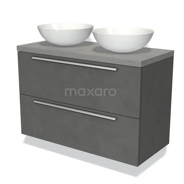 Grijze badkamermeubel met dubbele waskom, modern design met twee laden, ideaal voor een stijlvolle en functionele badkamer.