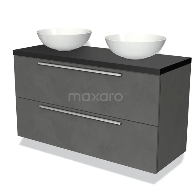 Grijze badkamermeubelset met twee keramische waskommen, zwarte bovenblad en lades met strak design voor een moderne badkamer.