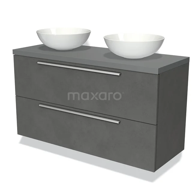 Grijze badkamermeubelset met dubbele waskommen, strakke metalen handgrepen en een modern design.