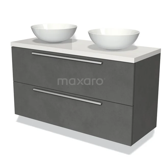 Grijze badkamermeubelset met twee keramische waskommen en moderne greeploze lades, ideaal voor een stijlvolle badkamer.