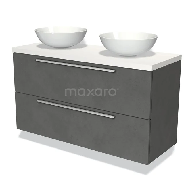 Donkergrijze badkamermeubelset met dubbele waskom en lades, modern design met strakke lijnen.