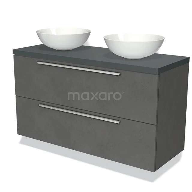 Grijze badkamermeubelset met dubbele wastafel van keramiek, moderne uitstraling met twee lades en metalen handgrepen.
