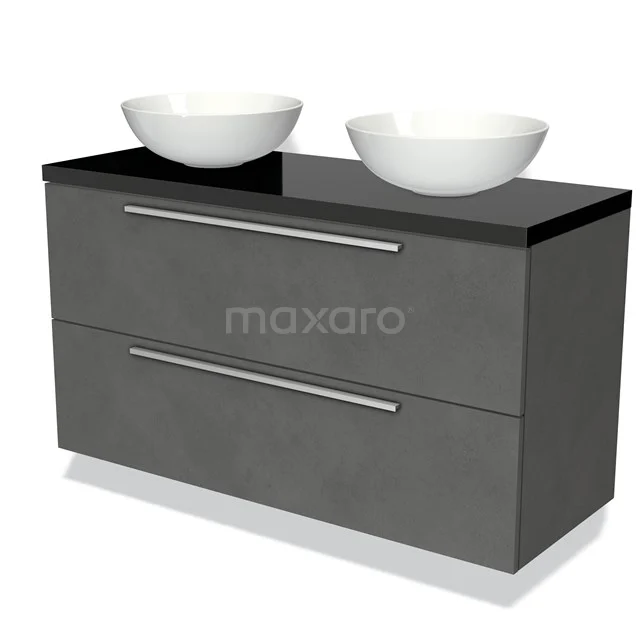 Grijze dubbele wastafelmeubel met zwarte glazen blad en moderne witte waskommen, perfect voor een stijlvolle badkamer.