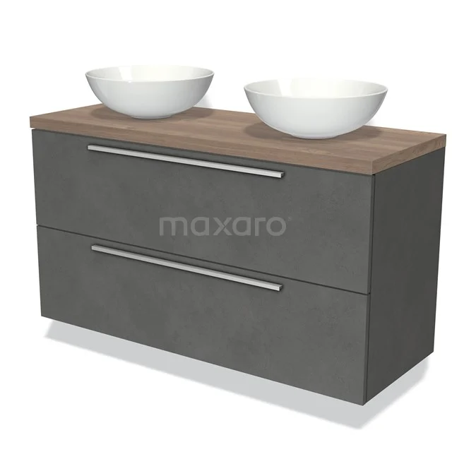 Donkergrijs badkamermeubel met houtlook blad, dubbele waskommen en metalen grepen, modern design voor stijlvolle badkamers.