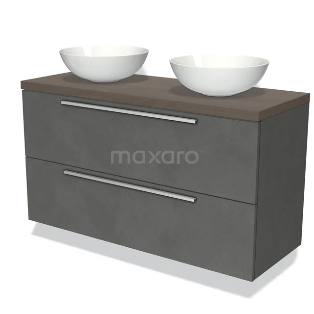 Modulo Plato Vanity units for countertop basin | 120 cm Dark grey concrete Flat front Dark brown oak worktop 2 Stacked drawers BMK17-01802