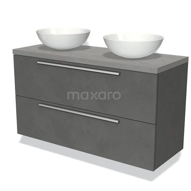 Grijs badkamermeubel met twee keramische wastafels, strakke lades en moderne handgrepen, perfect voor een stijlvolle badkamer.