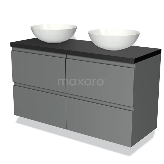 Grijze badkamerkast met mat zwart blad en twee witte ronde waskommen, modern design voor stijlvolle badkamerinrichting.