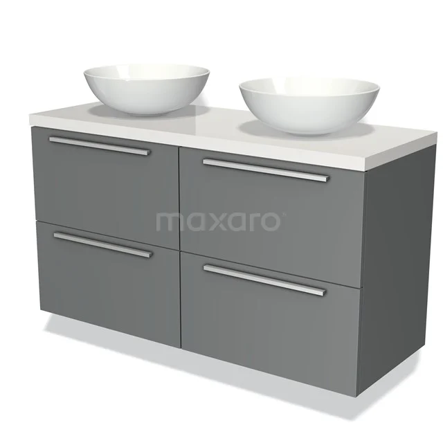 Grijze badkamerkast met dubbele wastafel, witte keramische waskommen en vier lades, modern design voor badkamers.