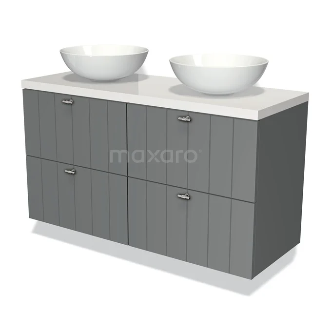 Grijs badkamermeubel met dubbele witte waskommen, strak design, vervaardigd uit hout en ideaal voor een moderne badkamer.