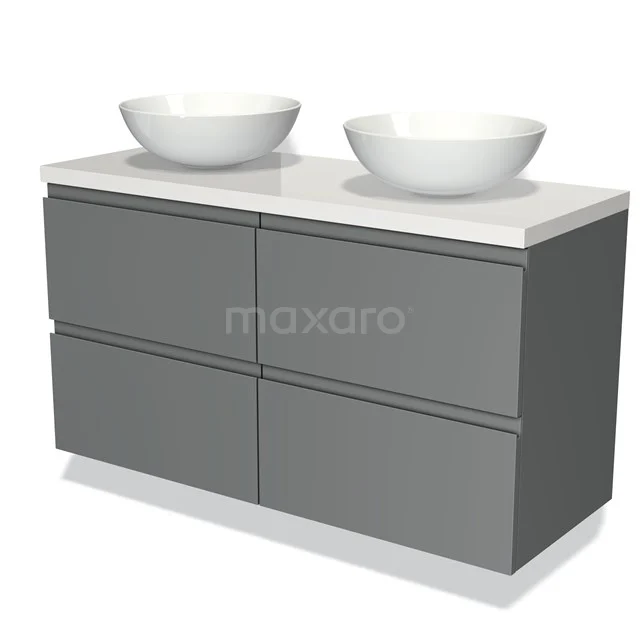 Grijs badkamermeubel met twee witte wastafels, modern ontwerp, strak afgewerkt, ideaal voor een stijlvolle badkamer.