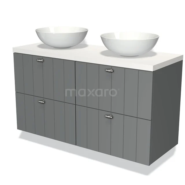 Grijze badkamermeubelset met dubbele wastafel, modern design, gladde afwerking en ruime opberglades.
