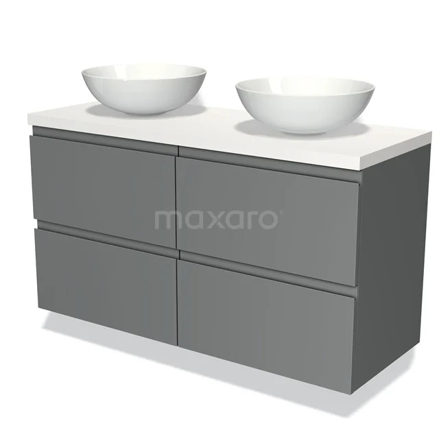 Grijze badkamermeubelset met 4 lades, witte keramische waskommen en strak design, perfect voor moderne badkamers.