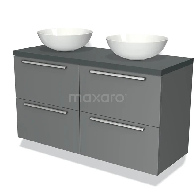 Grey double vanity unit with four drawers, white ceramic countertop wash basins, suitable for modern bathrooms.