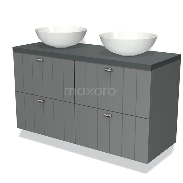 Grey wooden bathroom unit with double ceramic round countertop wash basins and four drawers, modern design.