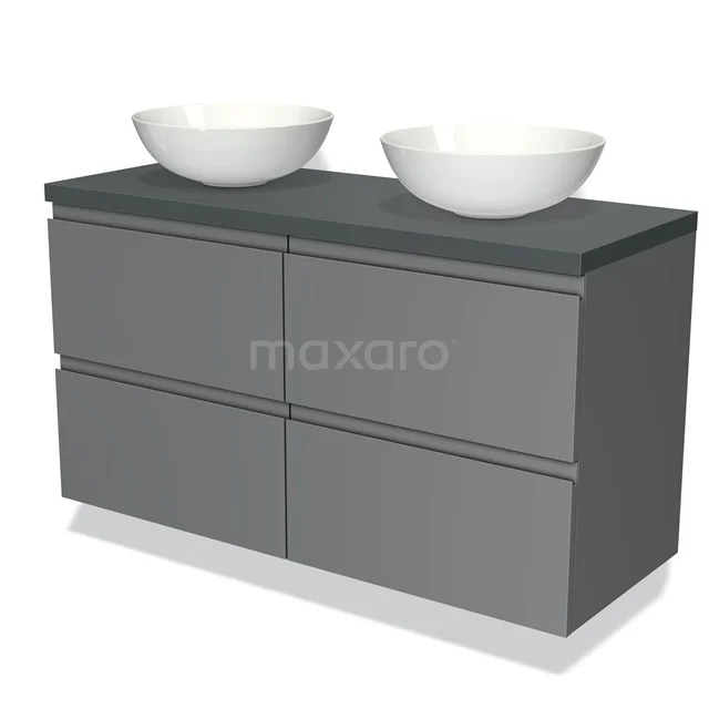 Grijze badmeubelset met dubbele witte waskommen, strak design en soft-close lades voor een moderne badkamerstijl.
