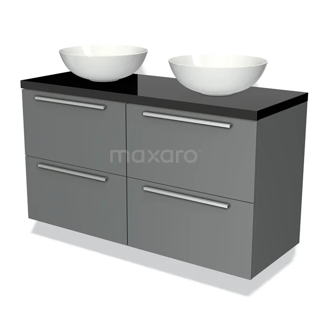 Modulo Plato Badmöbel mit Aufsatzwaschbecken | 120 cm Mittelgrau Flach front Hochglanz Schwarz blatt 4 Schubladen BMK18-00165 Grau Badmöbel mit Schwarz Platte und doppelten weißen Aufsatzwaschbecken, schlichtes Design mit Edelstahl Haltegriffen.