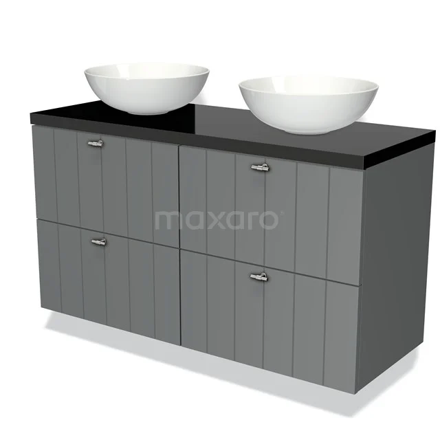 Grey bathroom unit with two ceramic countertop wash basins, black top plate and handleless drawers, ideal for a modern bathroom.