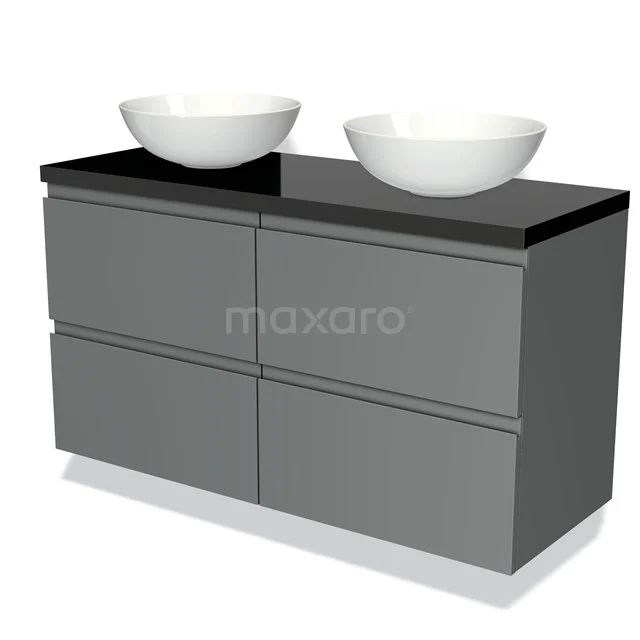 Badmöbel für Waschtischunterschrank mit Konsole 120cm Modulo Plato Mittelgrau 4 Schubladen grifflos Hochglanz Schwarz Platte BMK18-00167 Graue Badmöbelset mit schwarzer Glasplatte, doppelten weißen Aufsatzwaschbecken und Schubladeneinteilung für moderne Badezimmerlagerung.