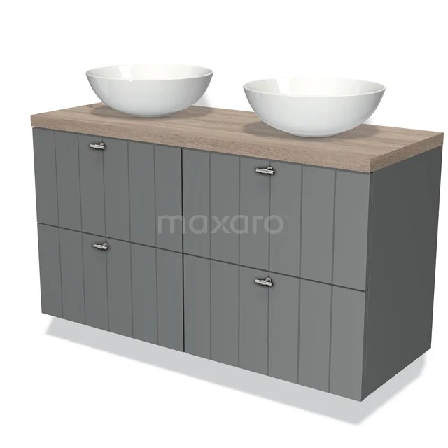 Grey bathroom unit with wood-coloured worktop, double vanity units for countertop wash basins and vertical lines, ideal for modern bathrooms.