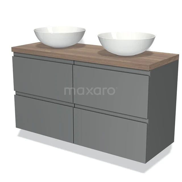 Grey bathroom furniture set with double basin worktop, wood-look top and ceramic bowls, modern design.