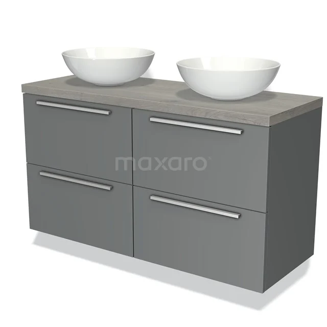 Grey bathroom furniture set with two white countertop wash basins, modern design, four drawers and robust plastic worktop.