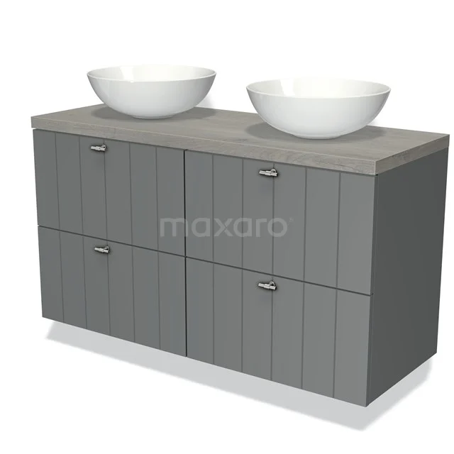 Grey bathroom furniture set with double basin, wood-look finish and modern design. Perfect for stylish bathroom décor.