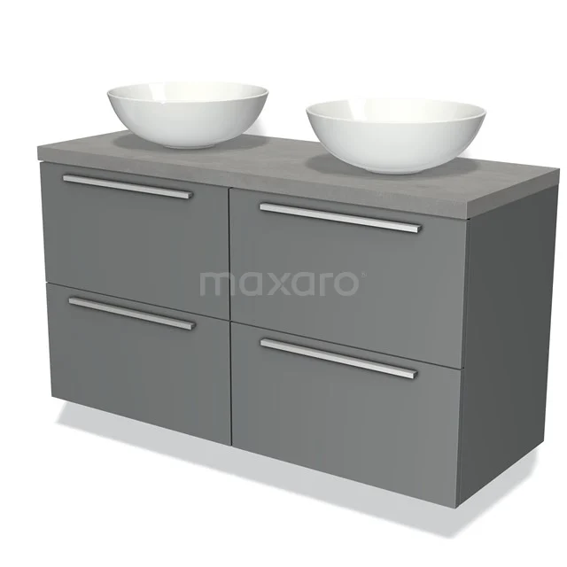 Modulo Plato Badmöbel mit Aufsatzwaschbecken | 120 cm Mittelgrau Flach front Hellgrauer Beton blatt 4 Schubladen BMK18-00186 Grauer Badschrank mit Doppelwaschbecken, schlichtes Design, vier Schubladen und modernem Haltegriff, ideal für stilvolle Badezimmerlagerung.