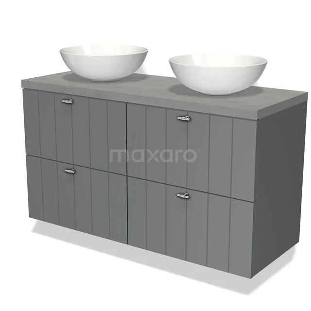 Grey wooden bathroom cabinet with double countertop wash basin, modern look, ideal for a stylish and practical bathroom.
