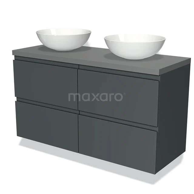 Grijze badkamermeubelset met dubbele waskom, strak design, soft-close lades en waterbestendige materialen.