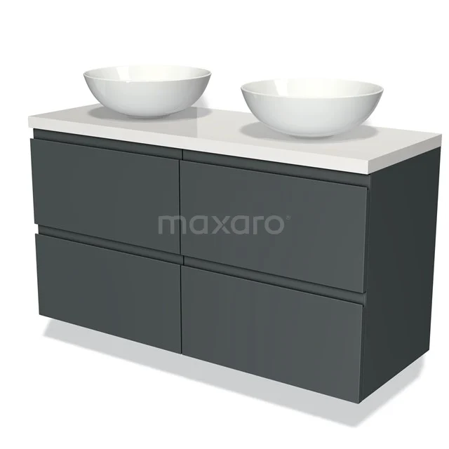 Grijze dubbele wastafel met witte waskommen, strak design, ideaal voor moderne badkamers.
