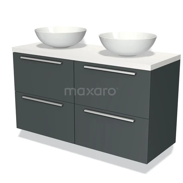 Badmöbel für Waschtischunterschrank mit Konsole 120cm Modulo Plato Dunkelgrau 4 Schubladen Flach Matt Weiß Platte BMK18-00279 Dunkelgraue Badmöbelset mit doppeltem Aufsatzwaschbecken, weißem Waschbecken und eleganten silberfarbenen Haltegriffen.