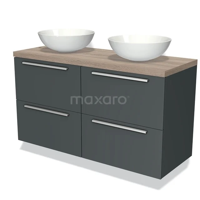 Grijze badkamermeubelset met houten blad en twee witte waskommen, modern design en ruime opbergvakken.