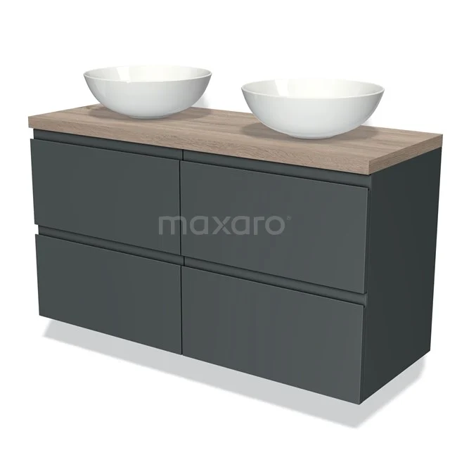 Donkergrijs badkamermeubel met houten blad en twee witte opzetwaskommen, modern design uit de luxe badkamercollectie.