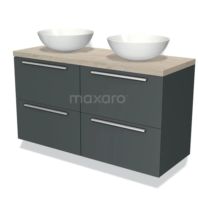 Moderne grijze badkamermeubelset met houtlook blad, dubbele opbouw wastafel en strakke metalen handgrepen.